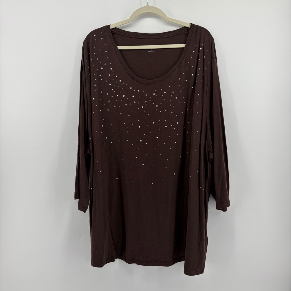Catherines Womens 5X Brown Top Rhinestone Embellished Long Sleeve Cotton‎ Modal